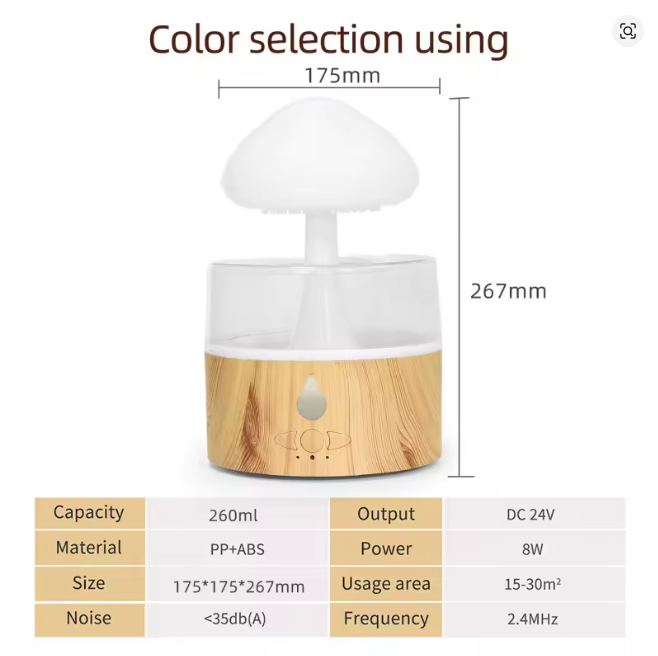 Cloud Rain Ultrasonic Humidifier, Aroma Diffuser, Colorful Light, Yunyu Mushroom